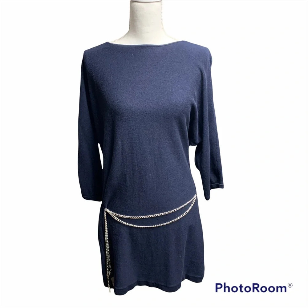 Chaps dark blue dress with silver chain belt sIze L Dolman sleeves - Picture 1 of 8